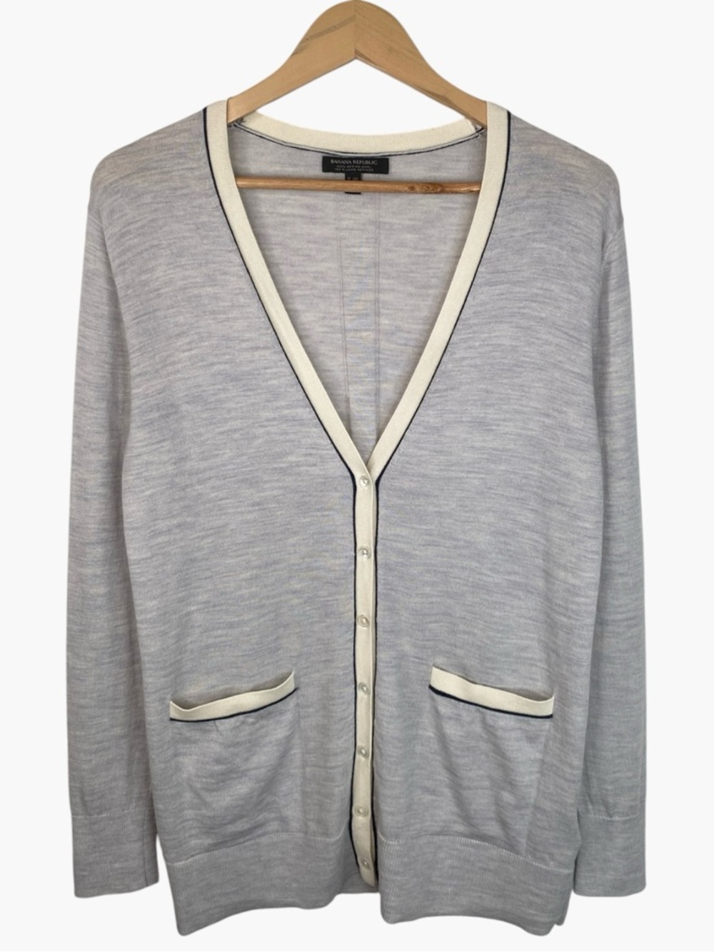 BANANA REPUBLIC 100% Merino Wool Cardigan - Heathered Gray/Cream- Size S
